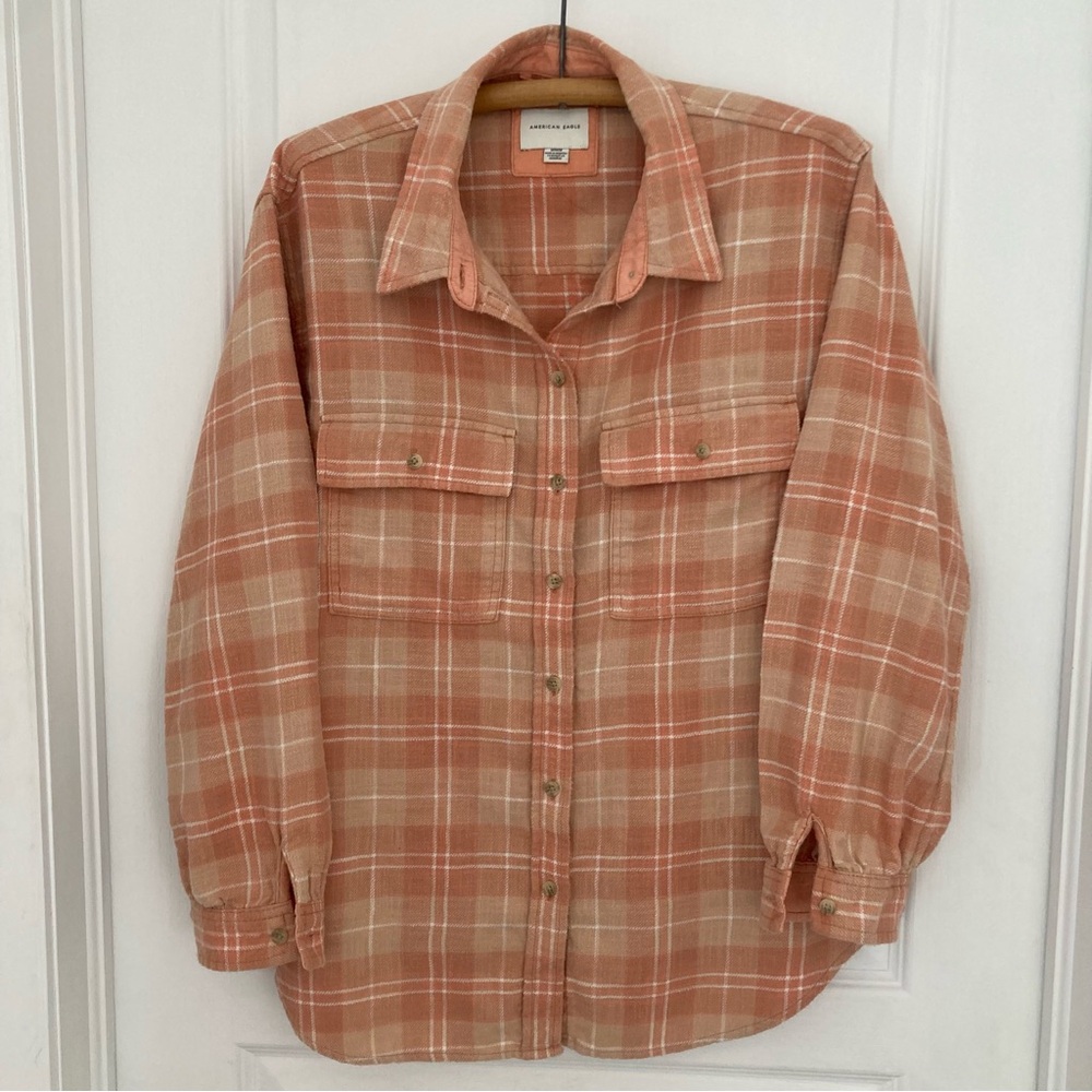 American Eagle Plaid Button Down Shirt  Peach Checkered Corduroy details Medium